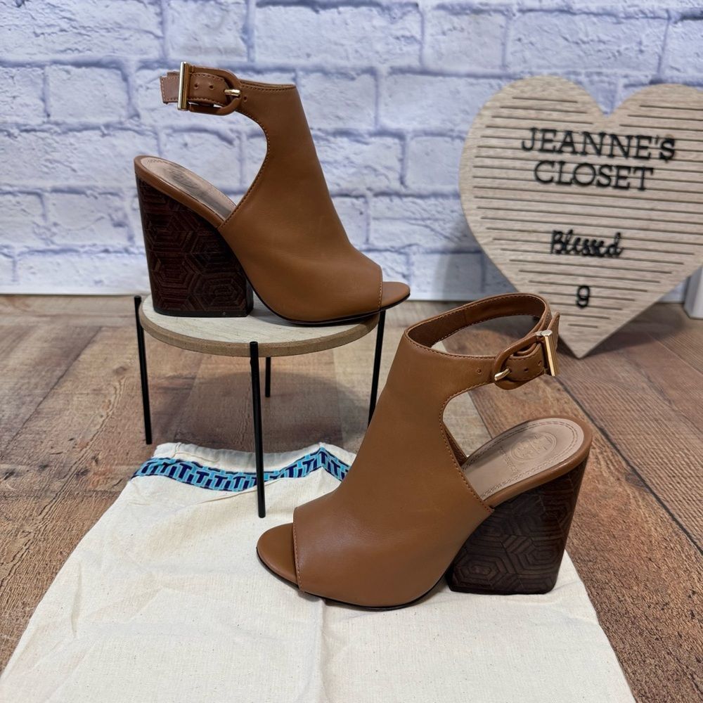 TORY BURCH GROVE OPEN TOE BOOTIES - SIZE 5 - BROWN LEATHER HEELS - PEEP TOE HEEL